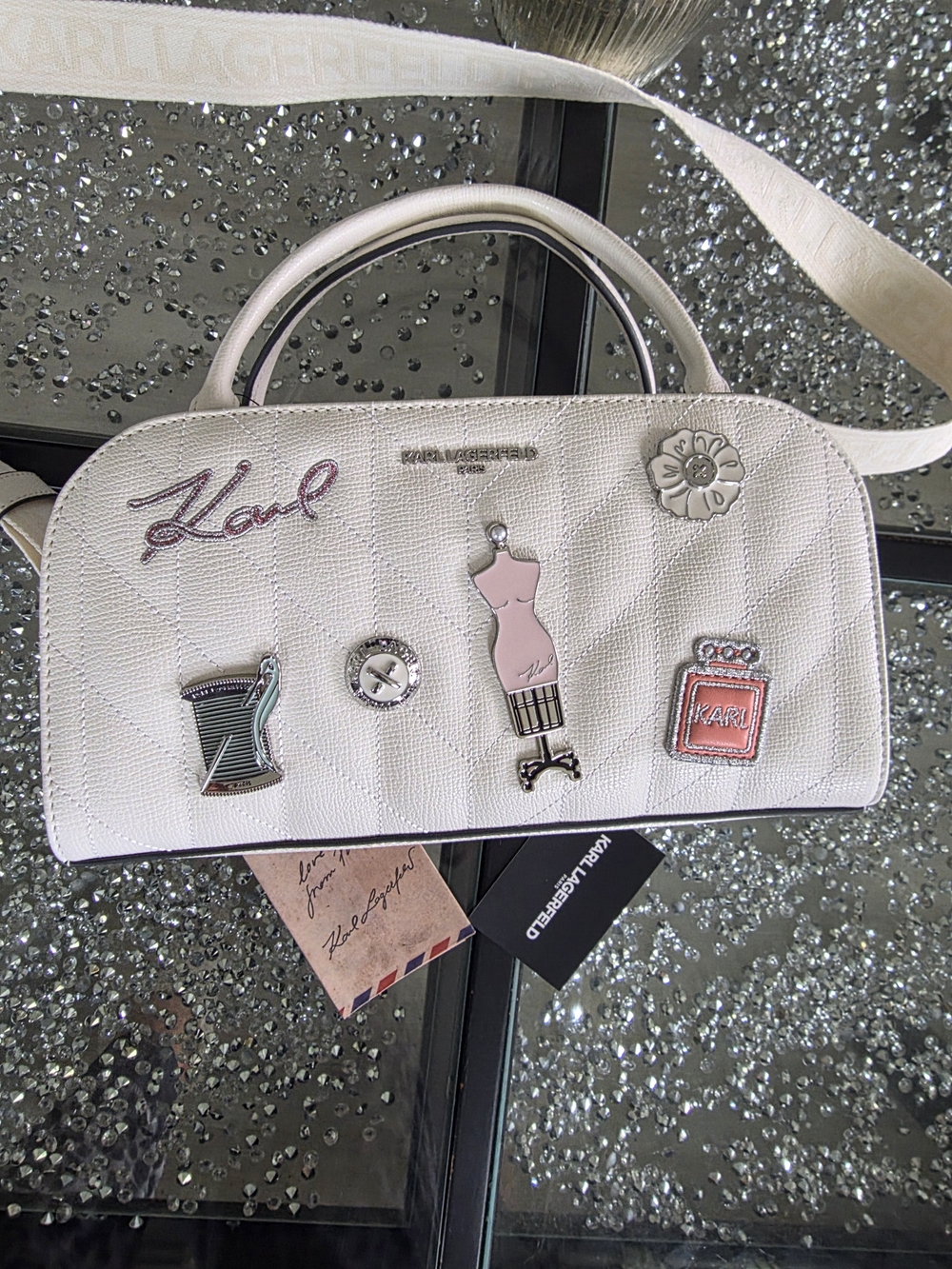 Karl Lagerfeld White Quilted Top-Handle Bag with Charm Accents Retails 248